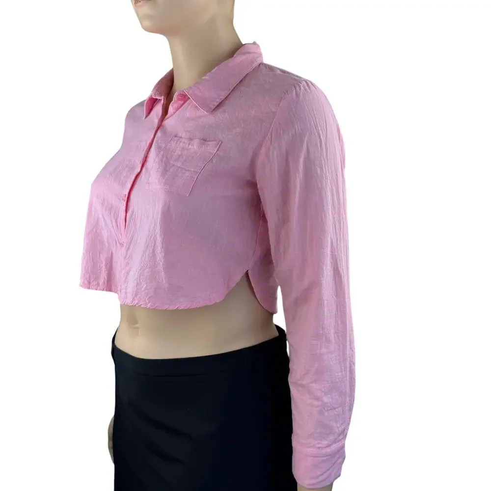 Mirrou Women Plus Pink Collared Long Sleeves Button Front Cropped Shirt 14 - Picture 2 of 5